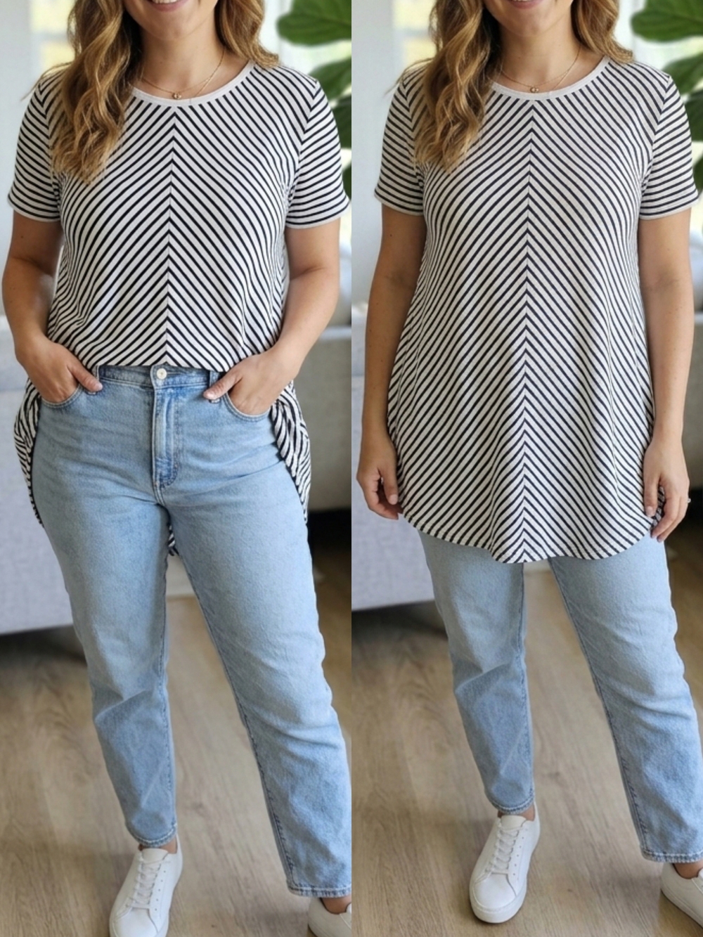 Zara Striped Chevron High-Low Short Sleeve Tunic Tee Shirt - Size M